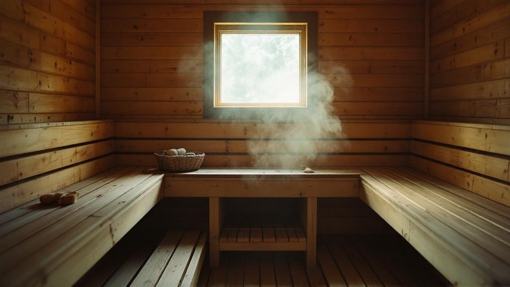Wooden sauna interior with bench seating, warm light, and serene peaceful atmosphere