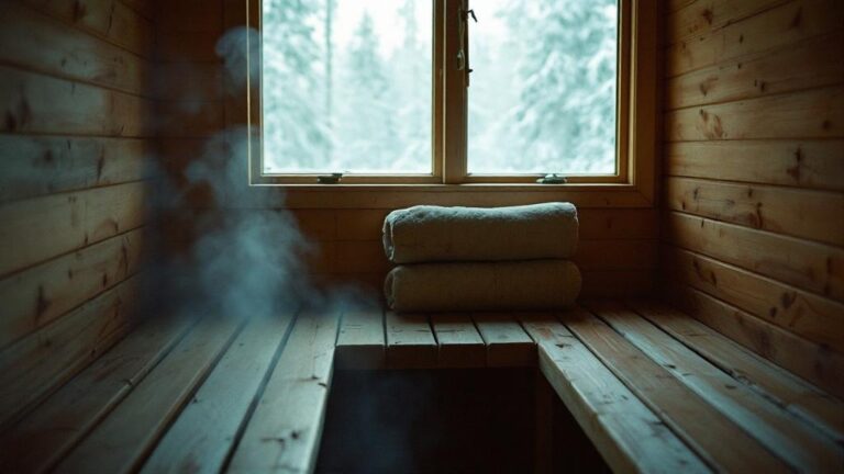 Weathered wooden sauna structure nestled among snow covered evergreen trees in winter
