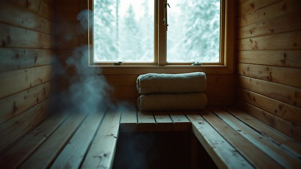 Weathered wooden sauna structure nestled among snow covered evergreen trees in winter