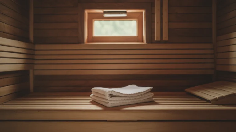 Warm reddish glow radiates from inside a modern sauna chamber with wooden interior