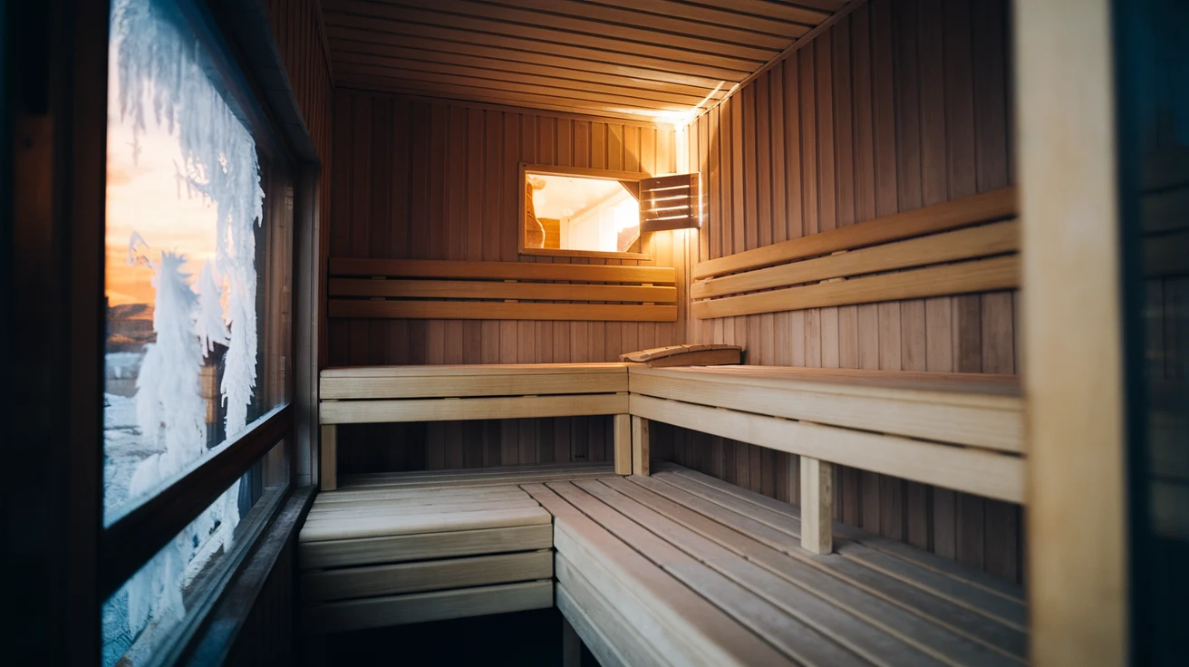 Wooden sauna nestled in snow with warm golden light glowing from windows at dusk