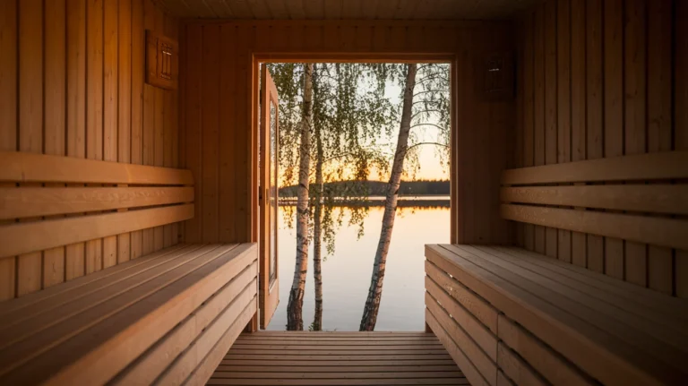 Wooden cottage with sauna glowing under soft light filtering through surrounding birch trees