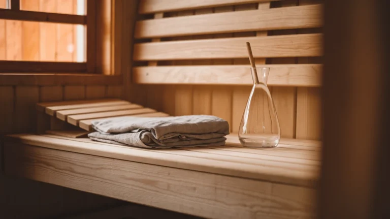 Glass of cold beer sitting on wooden sauna bench with water droplets