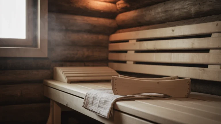 Gray-haired person relaxing peacefully in wooden sauna with steam rising around them