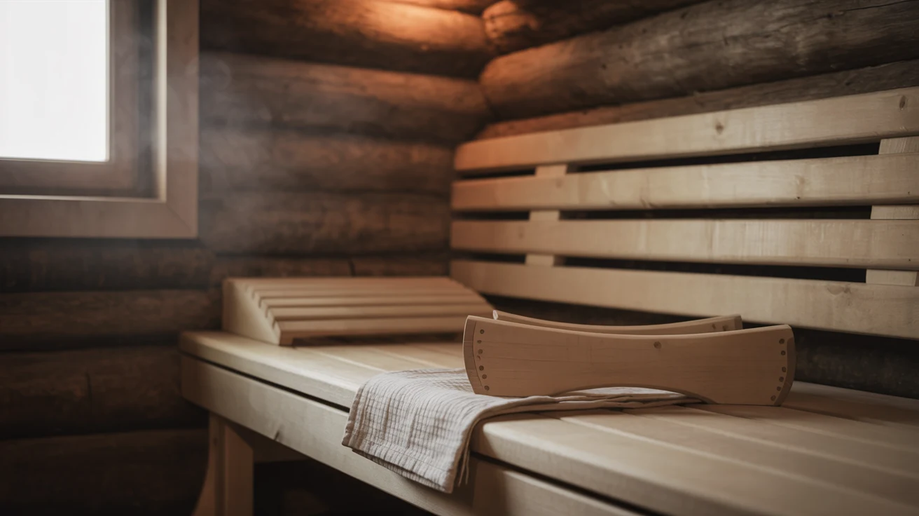 Gray-haired person relaxing peacefully in wooden sauna with steam rising around them