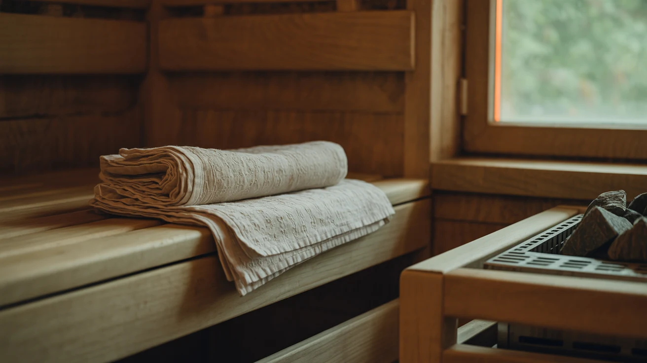 Person relaxing on wooden bench in peaceful spa setting after sauna session