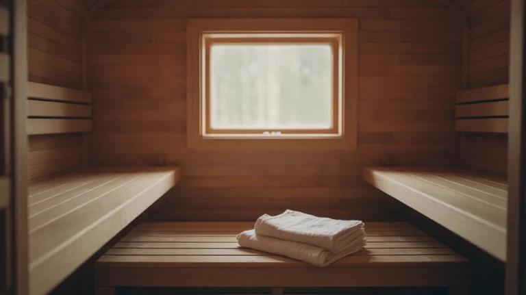 Individual sitting quietly with closed eyes in warm wooden sauna environment