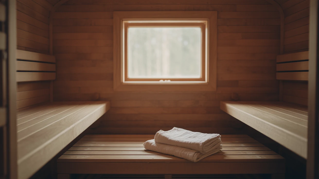 Individual sitting quietly with closed eyes in warm wooden sauna environment