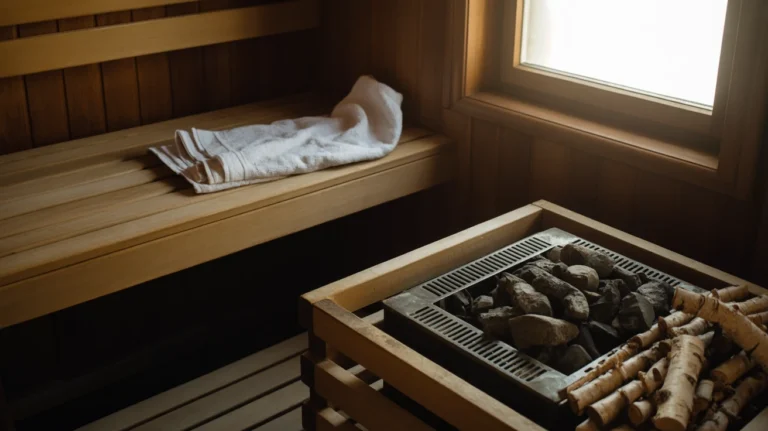 Person in athletic wear stretching outdoors on wooden deck after sauna session