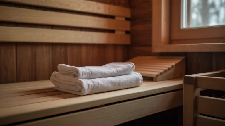 Person sitting in wooden sauna cabin with steam rising around them, looking relaxed
