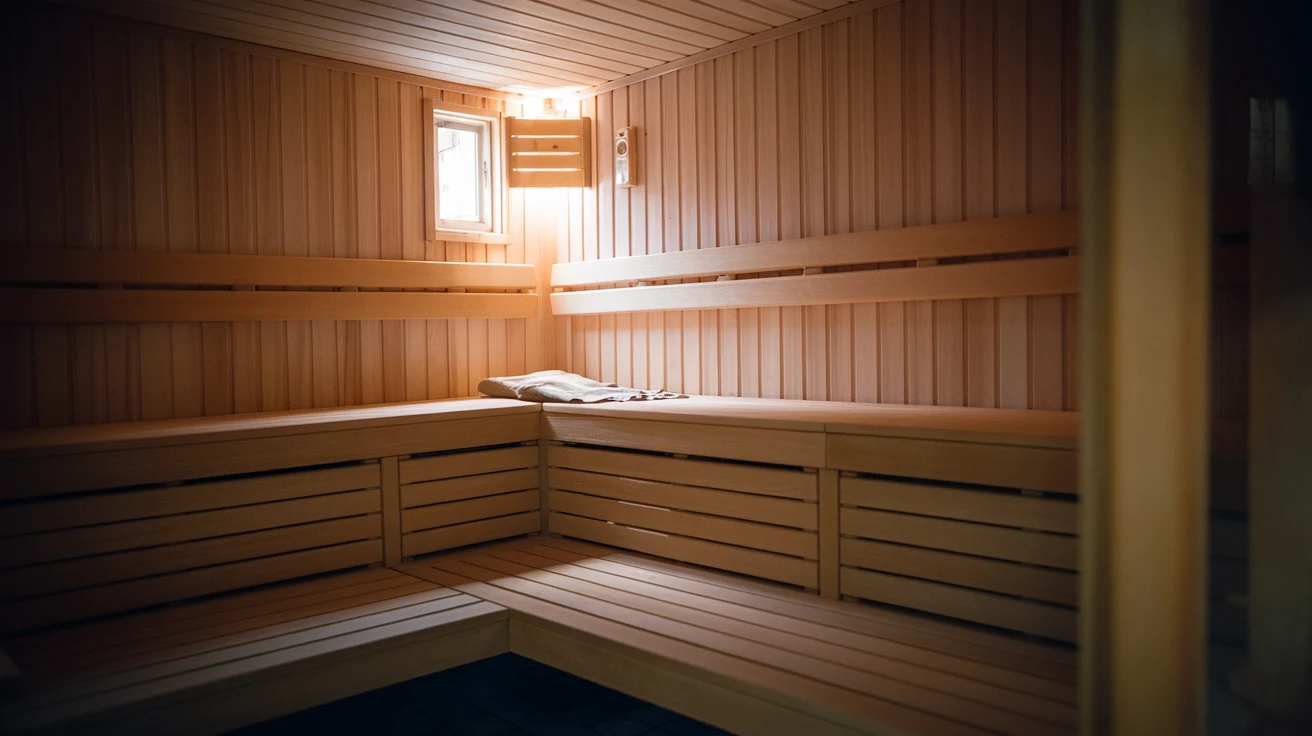 Dimly lit wooden sauna with glowing coals and misty steam rising mystically