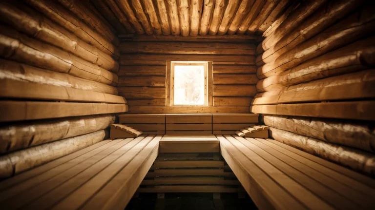 Darkened wooden interior with glowing amber light creating a warm atmospheric glow