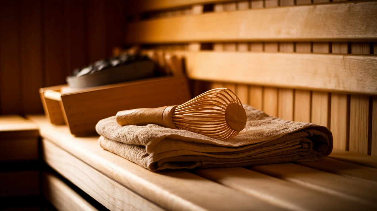 Bundled birch leaves hanging on wooden sauna wall in warm light