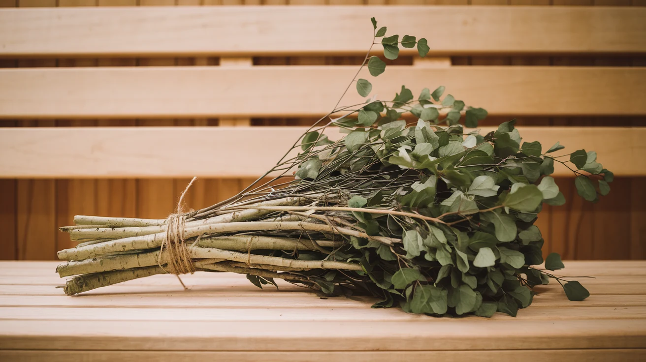 Fresh-cut silver birch vasta resting on a sauna bench, small heart-shaped birch leaves