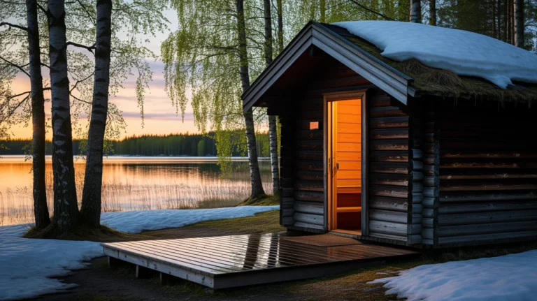 Warmly lit sauna window framed by yellow and orange autumn birch leaves on a misty morning