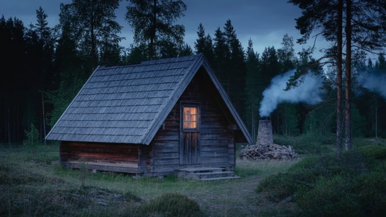 Rustic wooden cottage beside calm lake at dusk with warm glowing windows