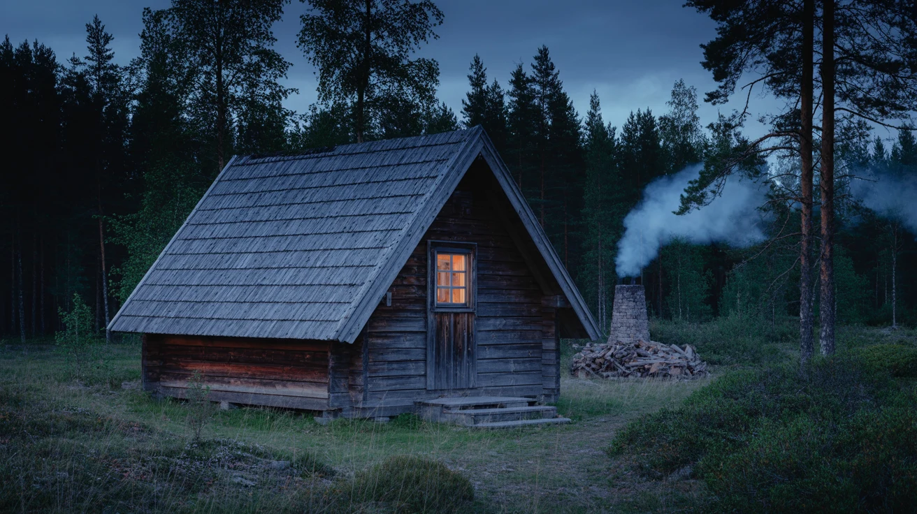 Rustic wooden cottage beside calm lake at dusk with warm glowing windows