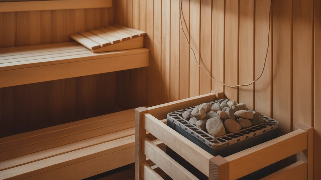 Sleek metallic heating element mounted on sauna wooden wall interior