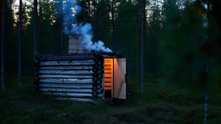 Dark wooden smoke sauna structure nestled in atmospheric rural Estonian countryside landscape