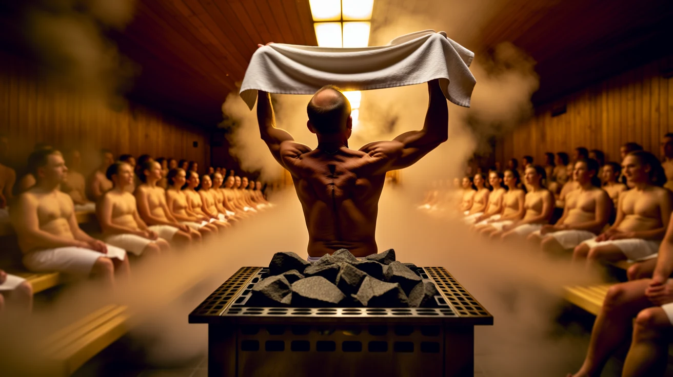 Wooden sauna interior with benches, warm lighting, and folded towels on display