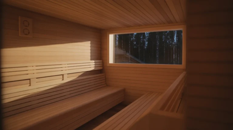 Warm glowing red panels inside a contemporary sauna room with modern design