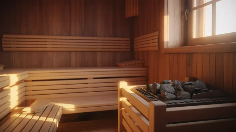 Two sauna types displayed side by side showing contrasting wooden interior designs and heating methods