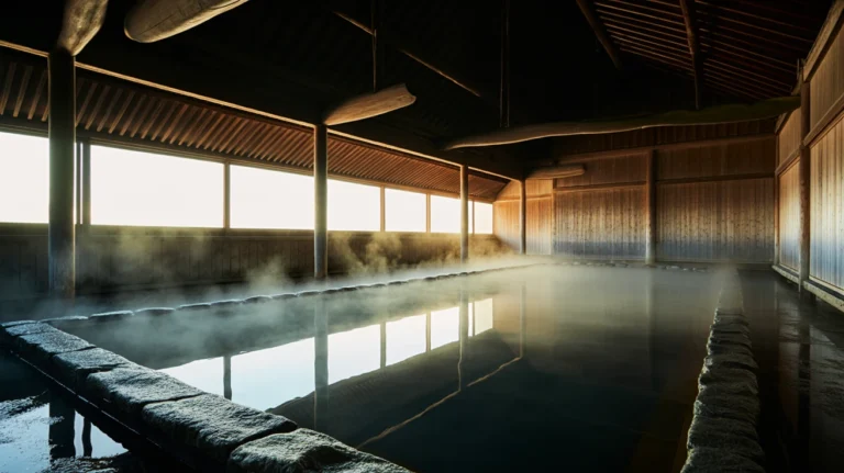Natural rock bath surrounded by steam and mist at peaceful twilight hour