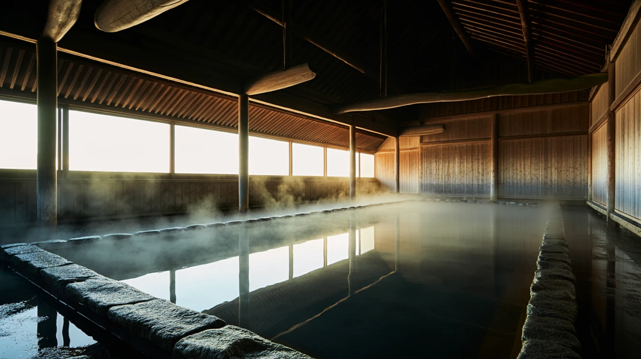 Natural rock bath surrounded by steam and mist at peaceful twilight hour