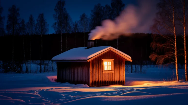 Wooden sauna cabin in deep snow at dusk with warm light in the window and steam rising into cold blue air