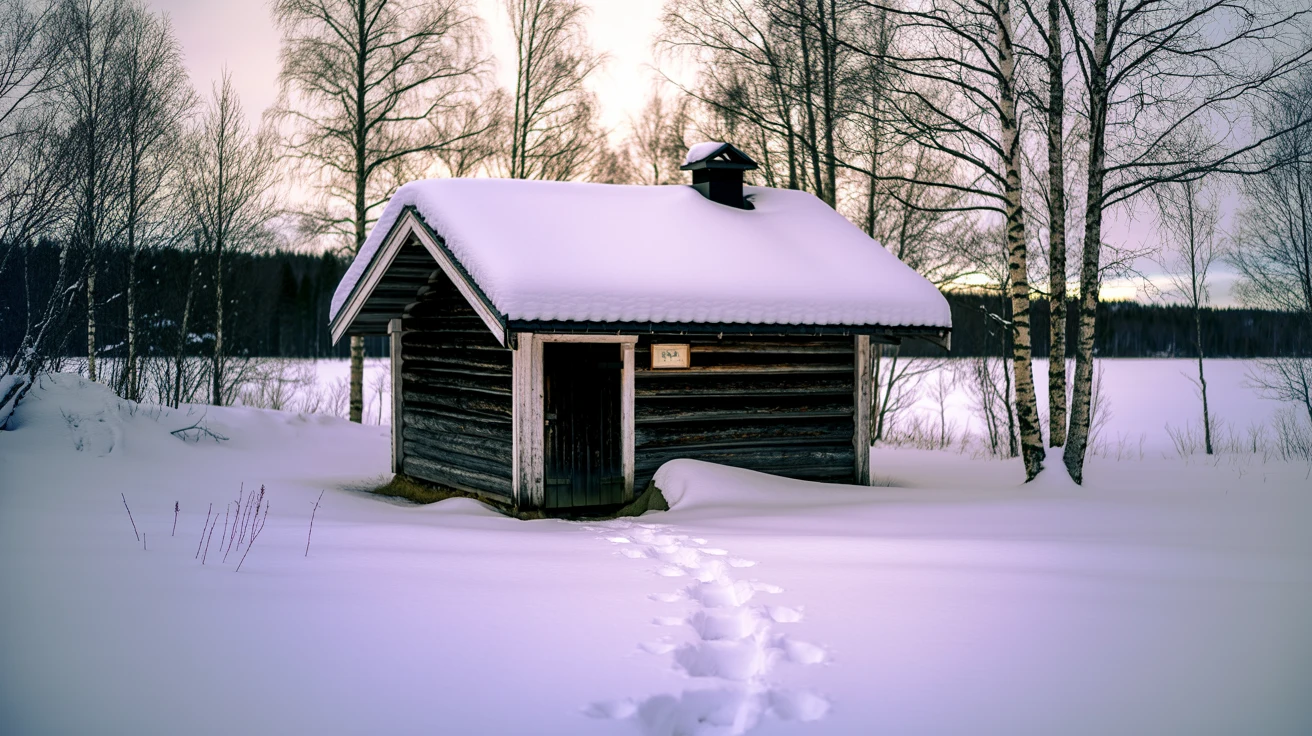 A snow-covered log sauna by a frozen lake, with footprints leading from its door