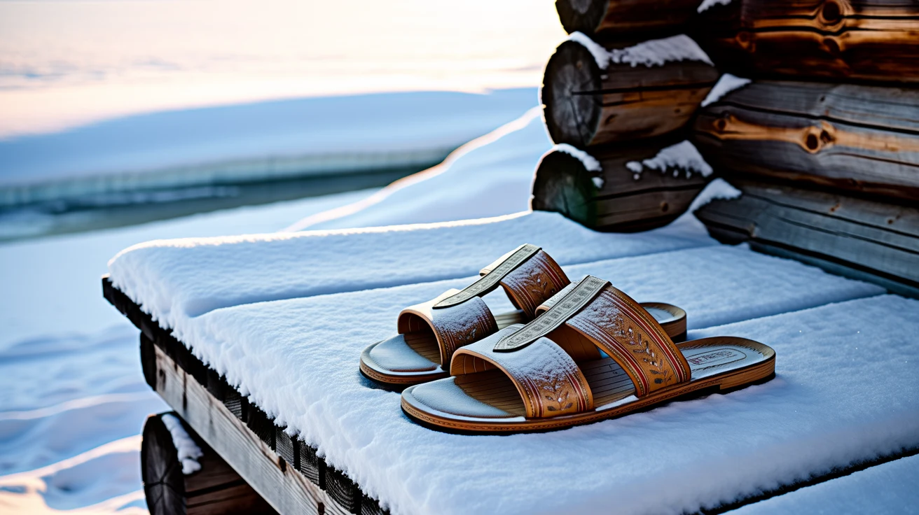 Leather sandals on a snow-covered bench outside a log sauna
