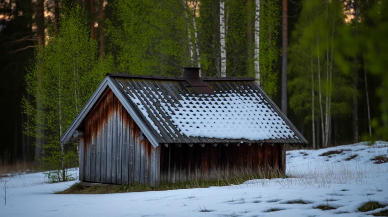 Wooden lakeside sauna among birch trees with melting snow at the water's edge under soft low sunlight