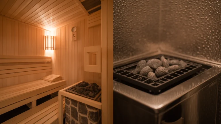 Left side showing tiled interior with steam fog, right side displaying wooden benches in dry heat environment