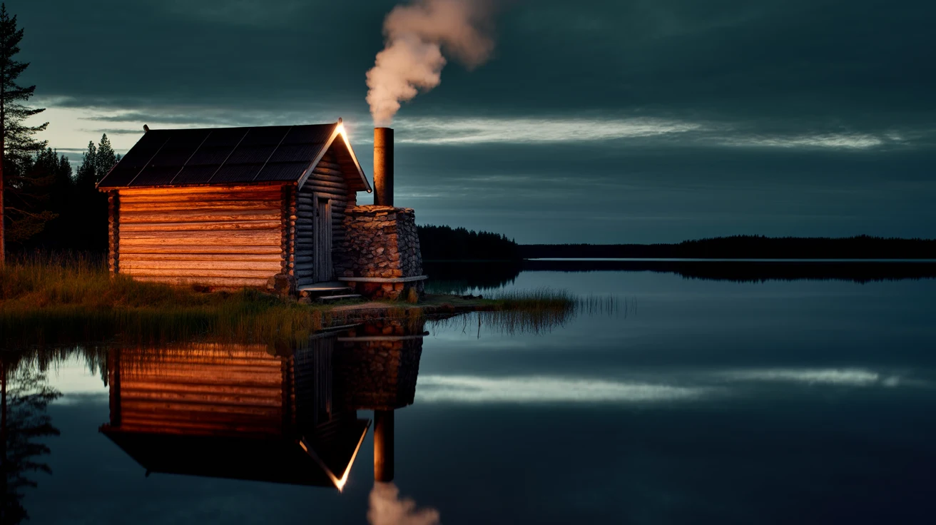 Wooden lakeside sauna at a calm summer evening with golden low sun reflecting on a still lake