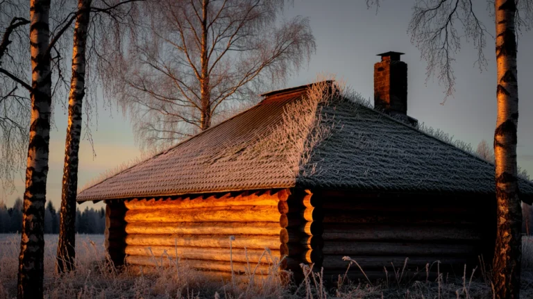 Small wooden outdoor sauna beside a frozen lake in low winter light with its door slightly ajar