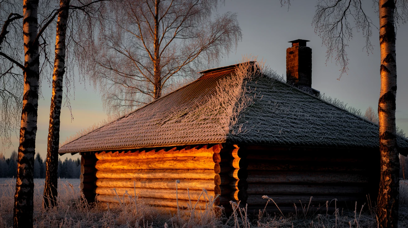 Small wooden outdoor sauna beside a frozen lake in low winter light with its door slightly ajar