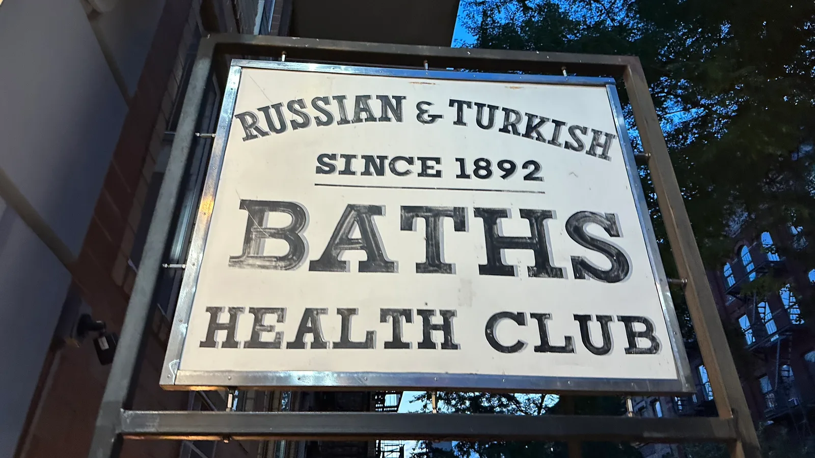 The Russian & Turkish Baths sign on East 10th Street in New York, reading Since 1892