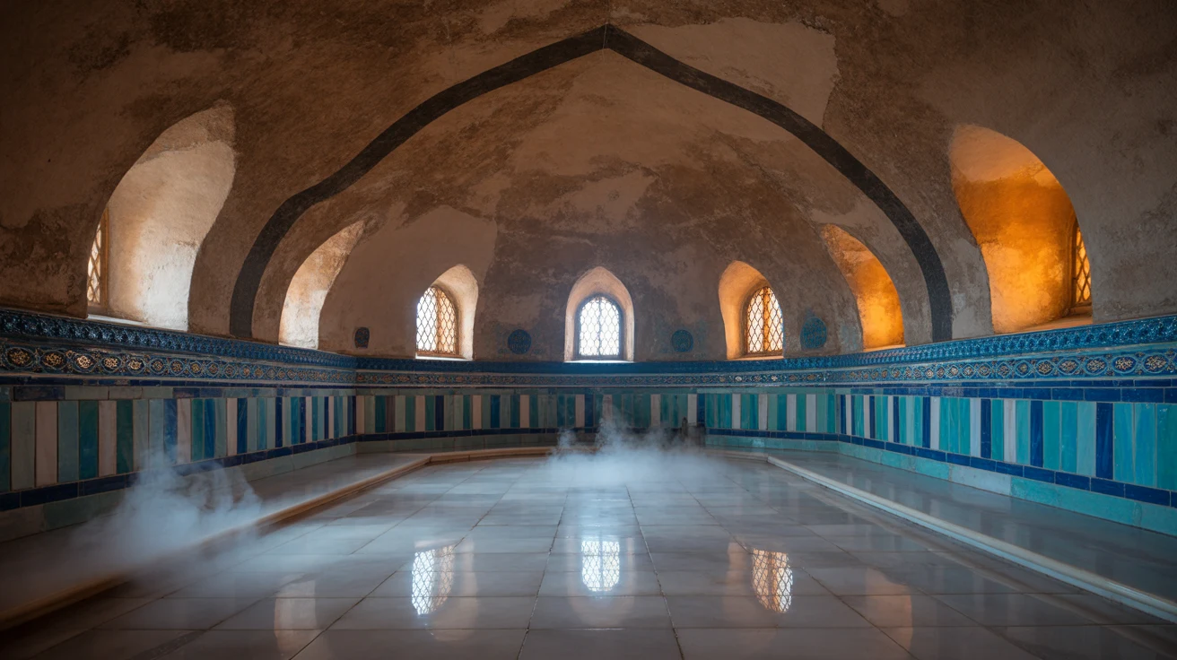 Marble-domed Turkish bath interior with warm golden light reflecting off ornate surfaces