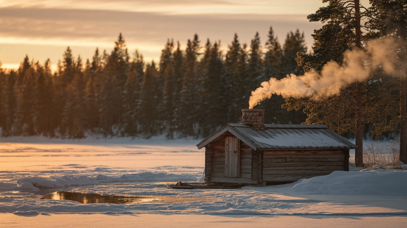 Rustic wooden sauna glowing warmly amid snowy forest under dancing aurora borealis