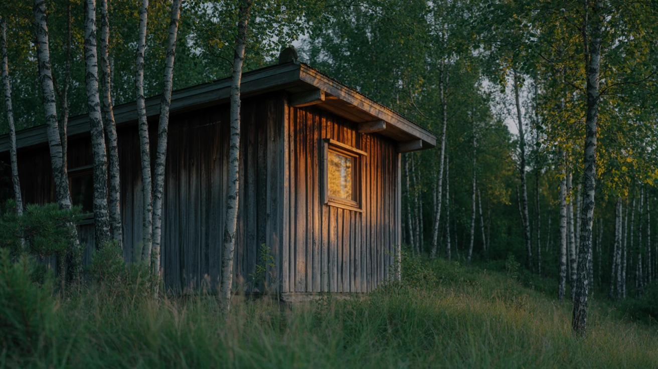 Wooden sauna building sits peacefully on a misty Finnish lake shore at dusk