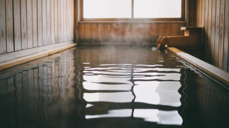 Steaming outdoor bath surrounded by snowy landscape during peaceful winter evening
