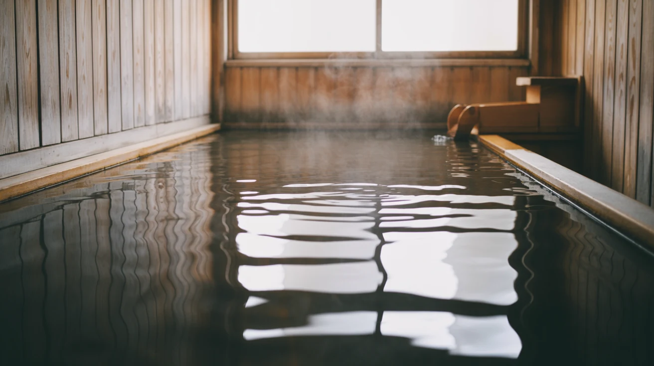 Steaming outdoor bath surrounded by snowy landscape during peaceful winter evening