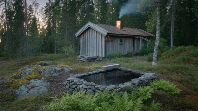 Wooden bathhouse structure by calm waterfront with misty Nordic atmosphere