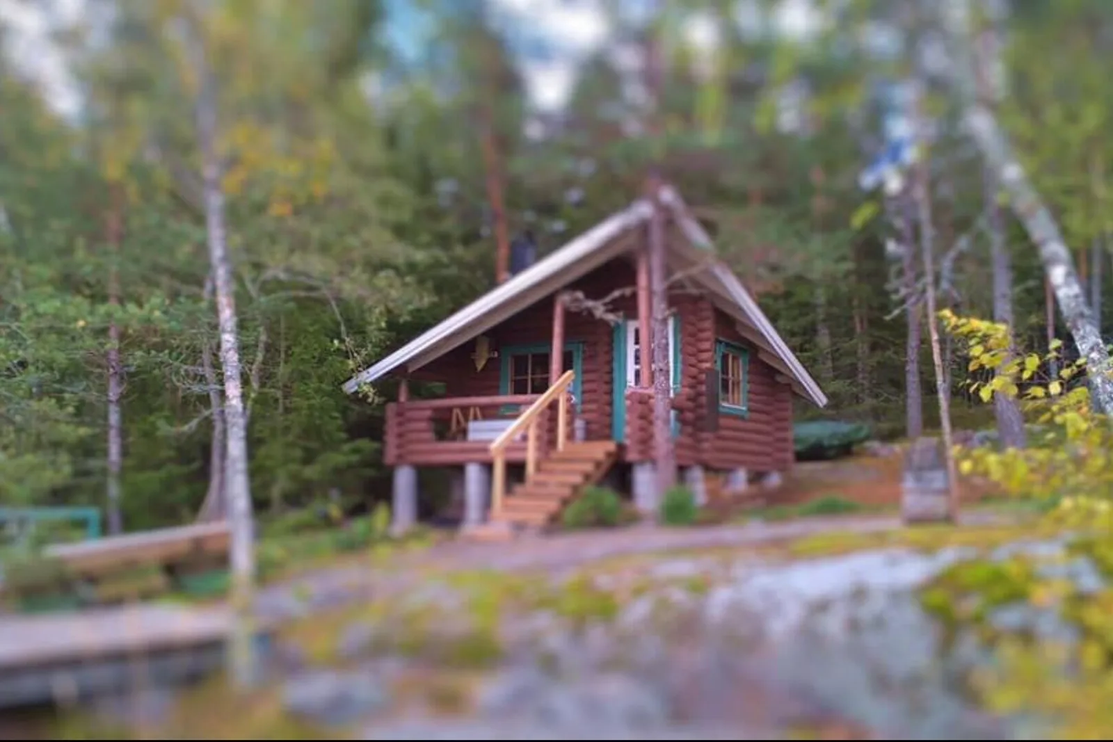 A small self-built Finnish log sauna with a covered porch among pine and birch trees