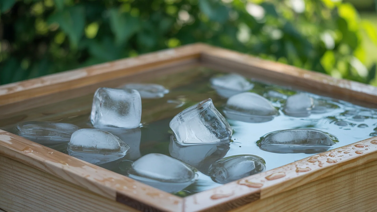 A cedar cold plunge tub filled with ice water and floating ice cubes in a summer garden