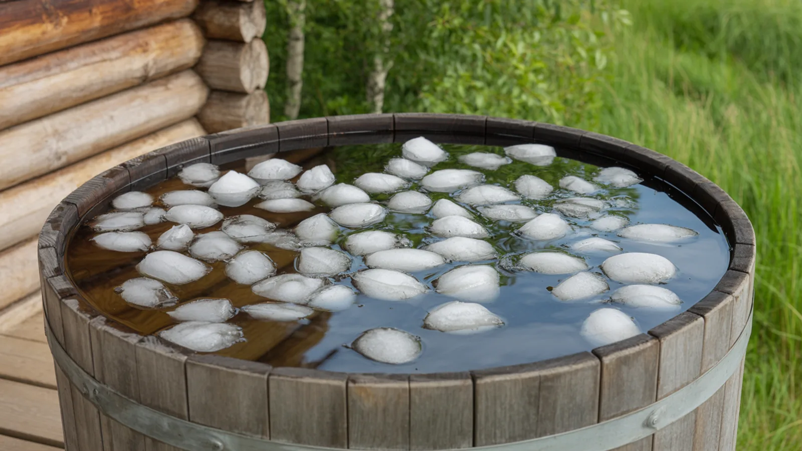 A wooden barrel cold plunge tub full of ice water beside a log sauna in summer