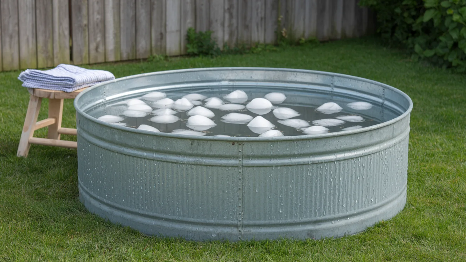 A galvanised stock tank cold plunge filled with ice water in a summer garden, towel on a stool beside it