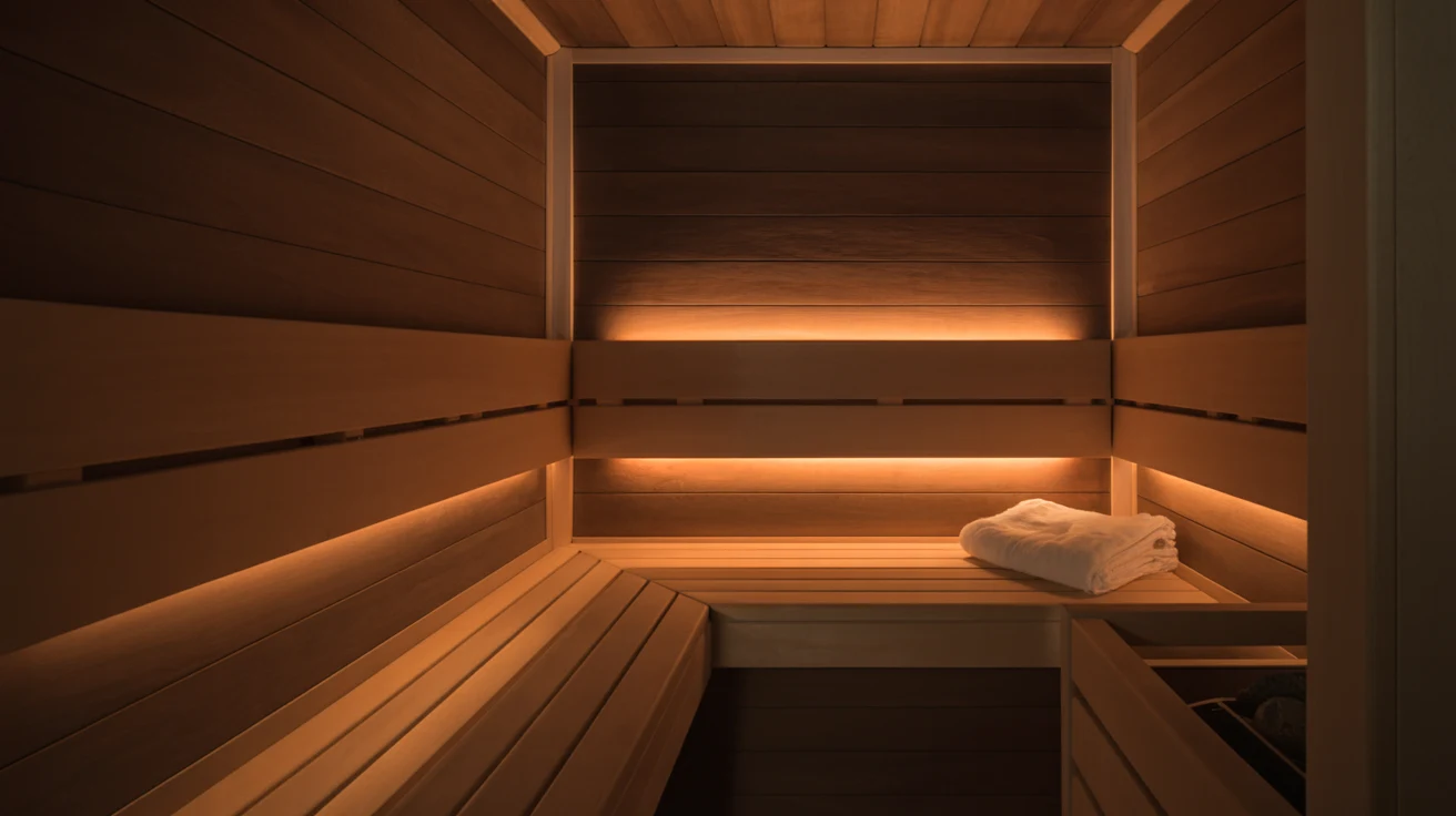 Mid-century wooden sauna room with pale birch benches, folded white towels and a small window looking onto a lake