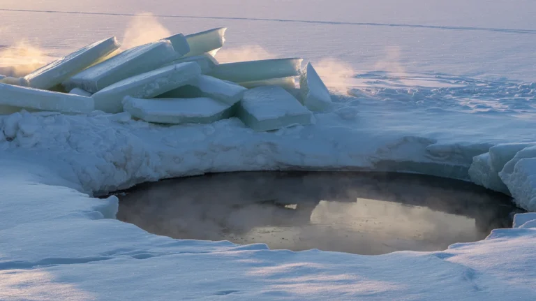 Dark open water in an ice hole cut through a snow-covered frozen lake, steam rising from the surface and cut ice blocks stacked beside it