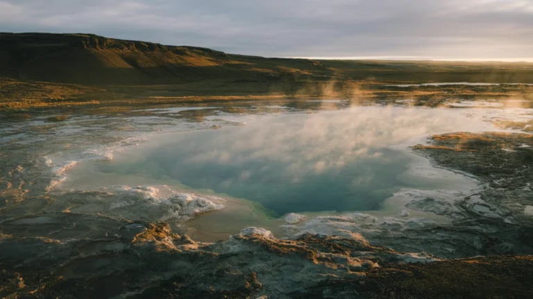 Outdoor geothermal hot pot at an Icelandic municipal pool at dusk with steam rising and snow on the lava field
